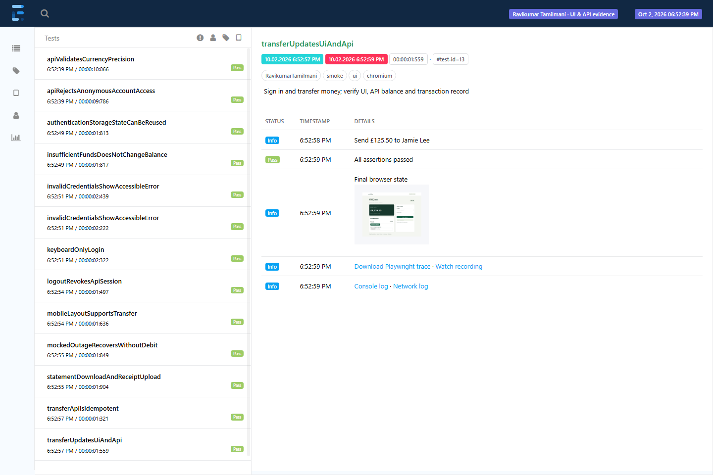 Actual Extent Spark report showing successful transfer test and evidence links