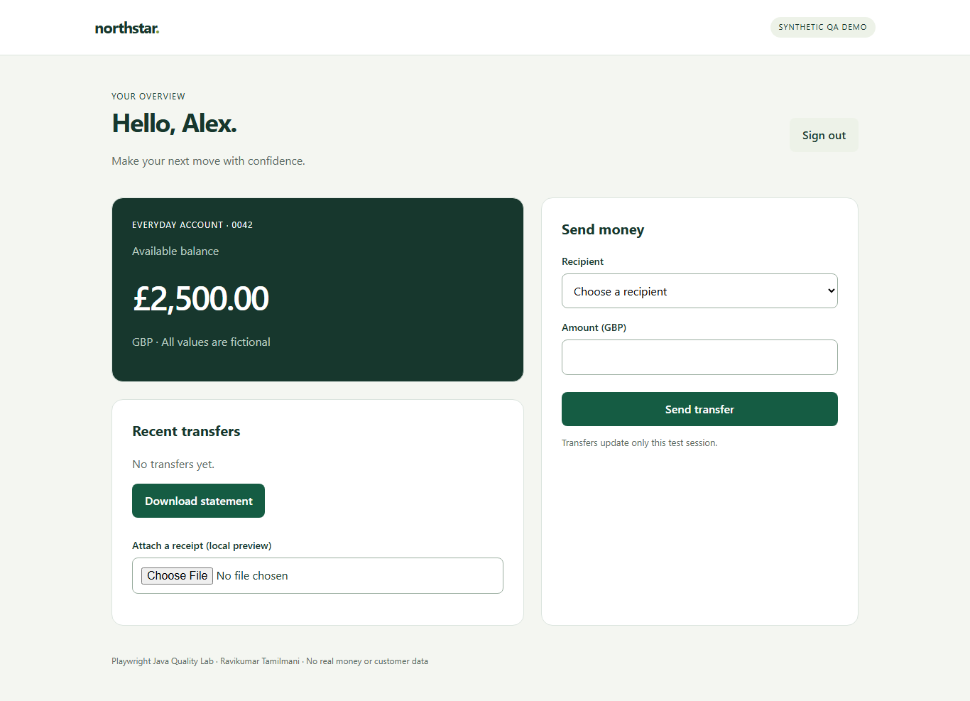 Failure demo shows actual balance £2,500.00, while an intentional assertion expects £9,999.00