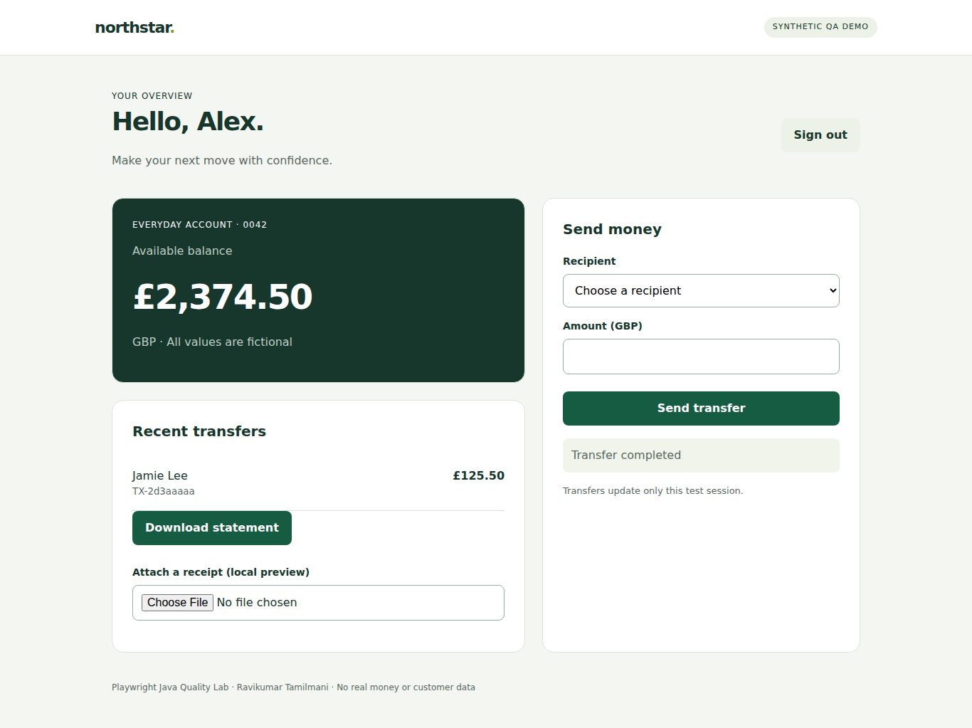 Executed transfer test showing £2,374.50 balance and £125.50 payment to Jamie Lee